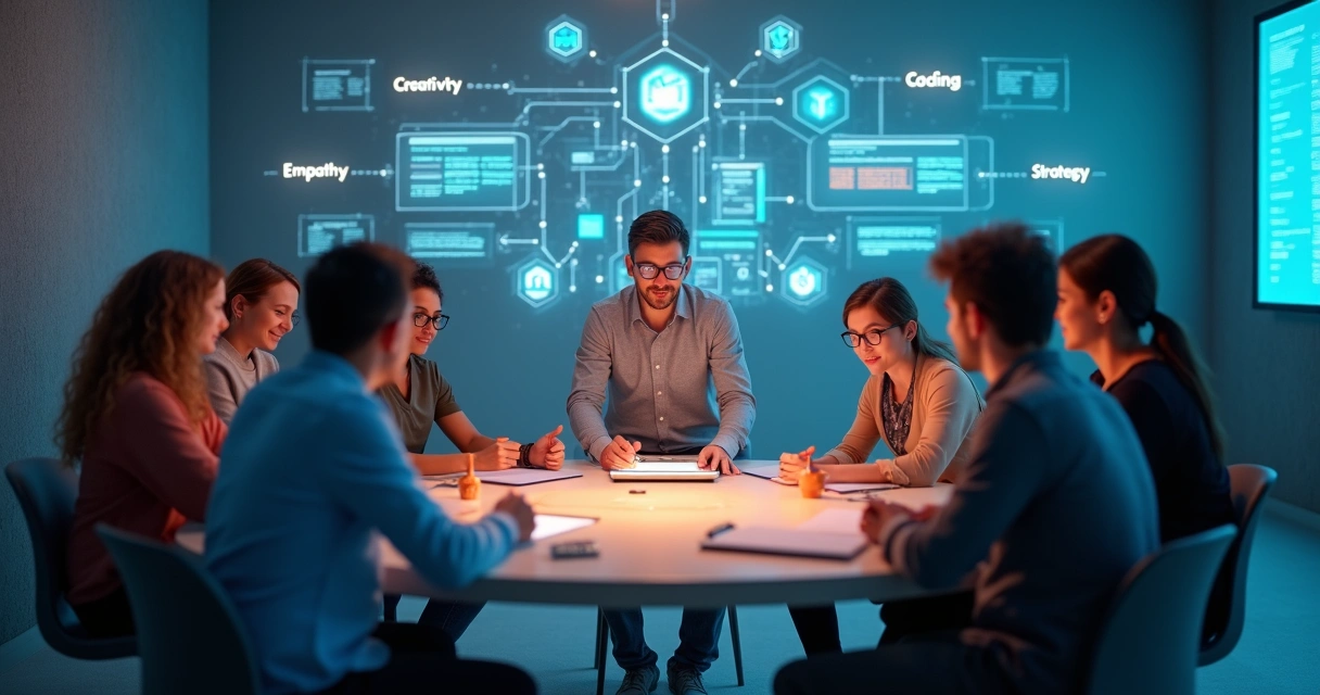 Líder moderno conectando equipe diversa em mandala de skills digitais