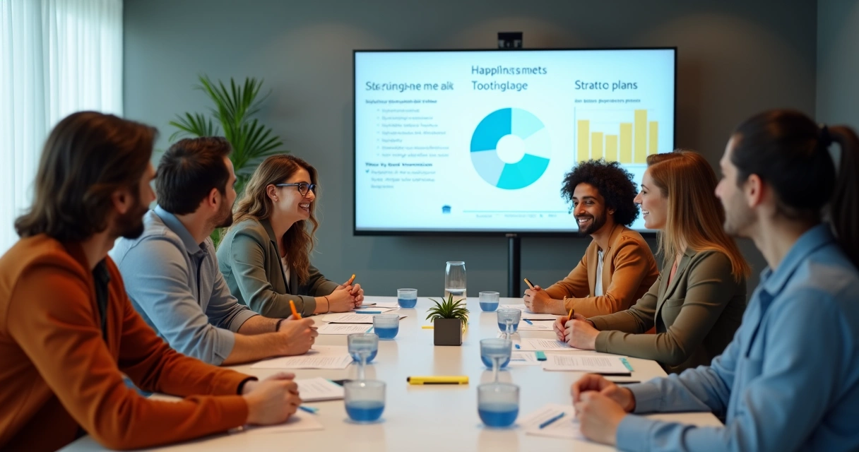 Equipe reunida em sala com gráficos de felicidade sendo discutidos na tela