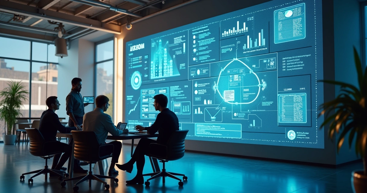 Pequeno time supervisionando agentes autônomos digitais em ambiente futurista