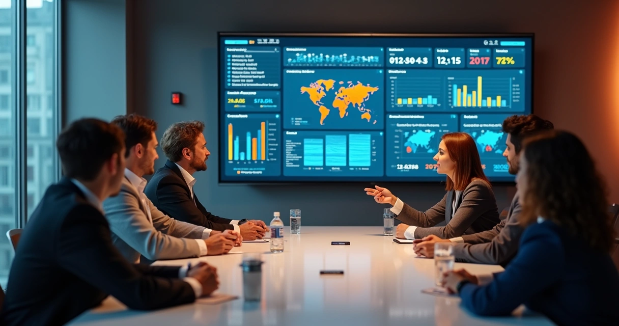 Reunião executiva analisando gráficos de dados de pessoas em grande tela 