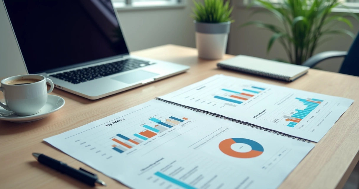 Mesa com relatórios de indicadores de RH e gráficos ao lado de computador e café 
