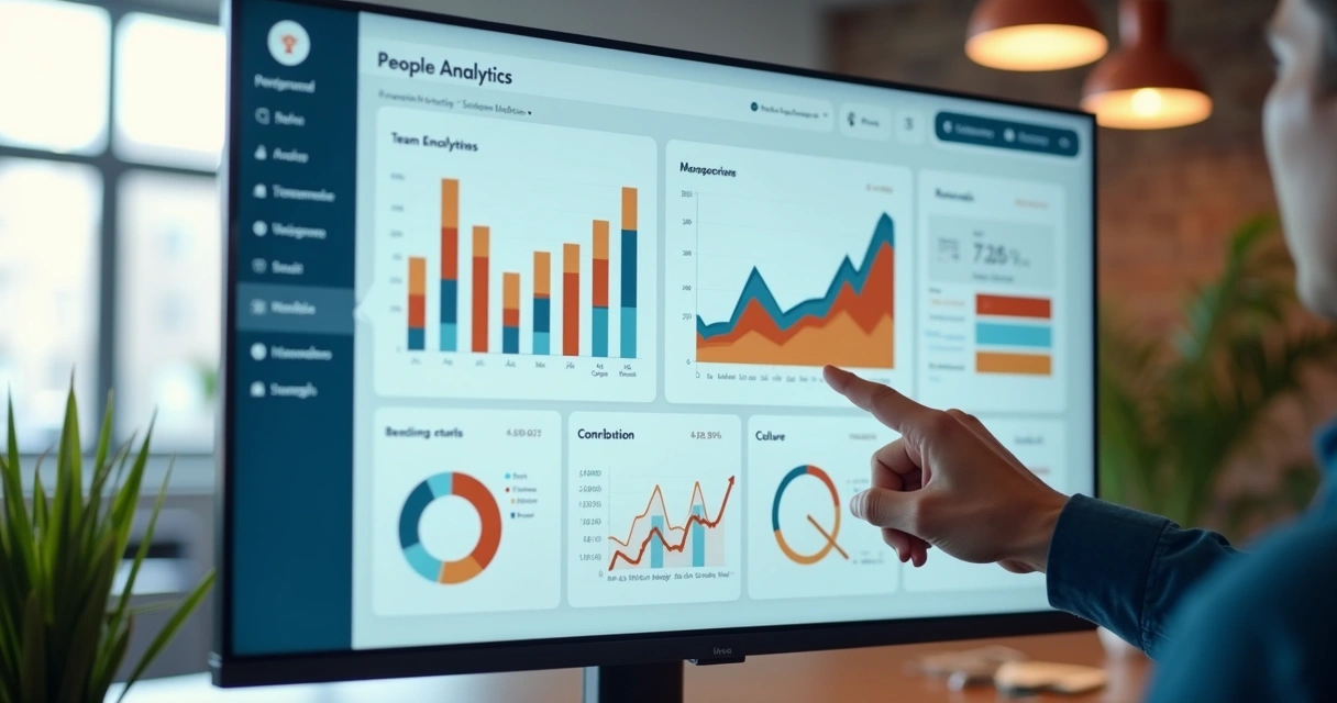 Dashboard minimalista com gráficos de desempenho de equipe em ambiente corporativo moderno